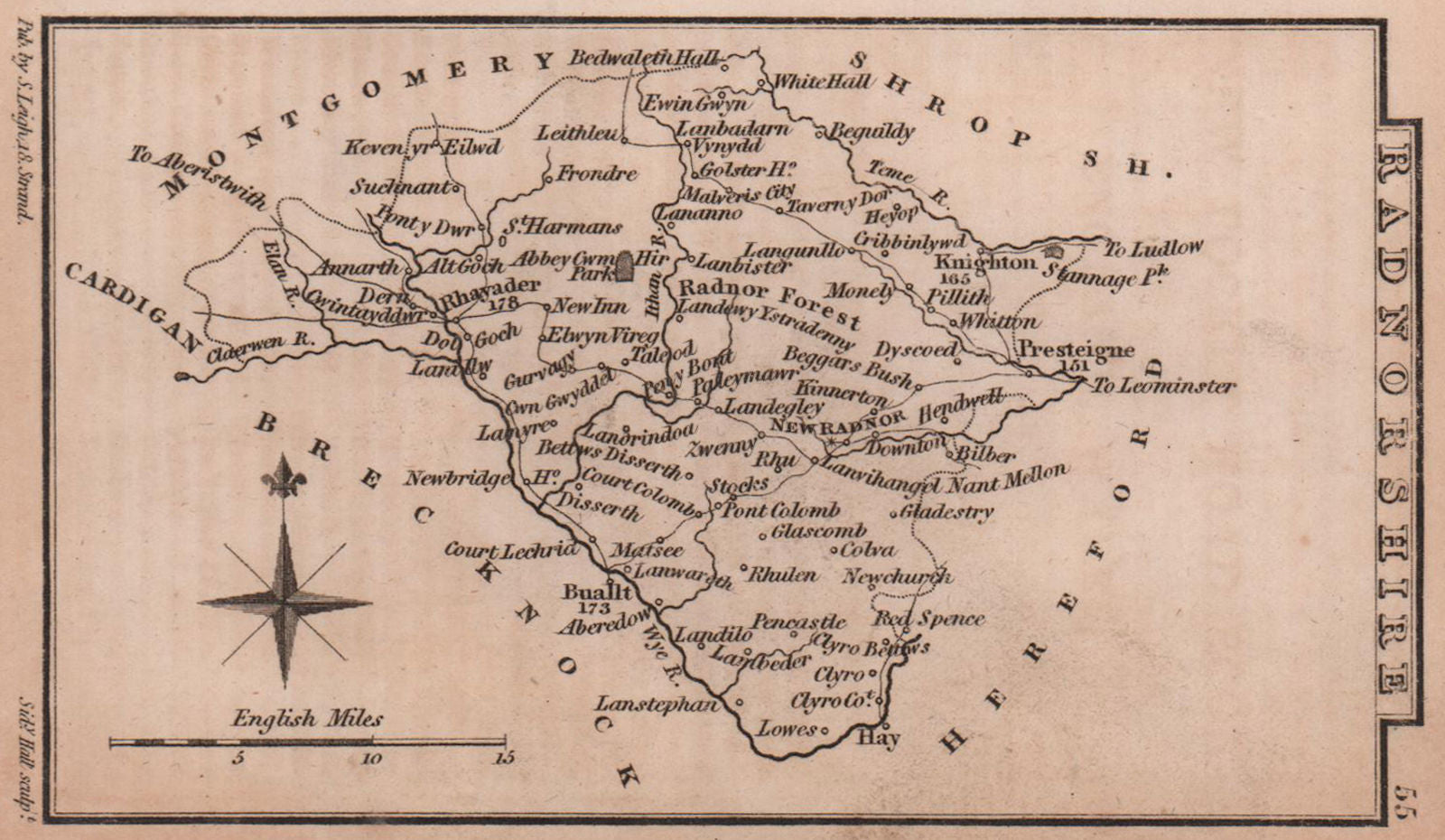 Radnorshire miniature county map by Samuel Leigh / Sidney Hall c1820 old